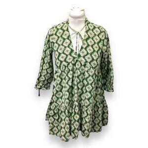 Zara Women’s Long Sleeve Cotton Boho Cadie Mini Dress, Green, size XS